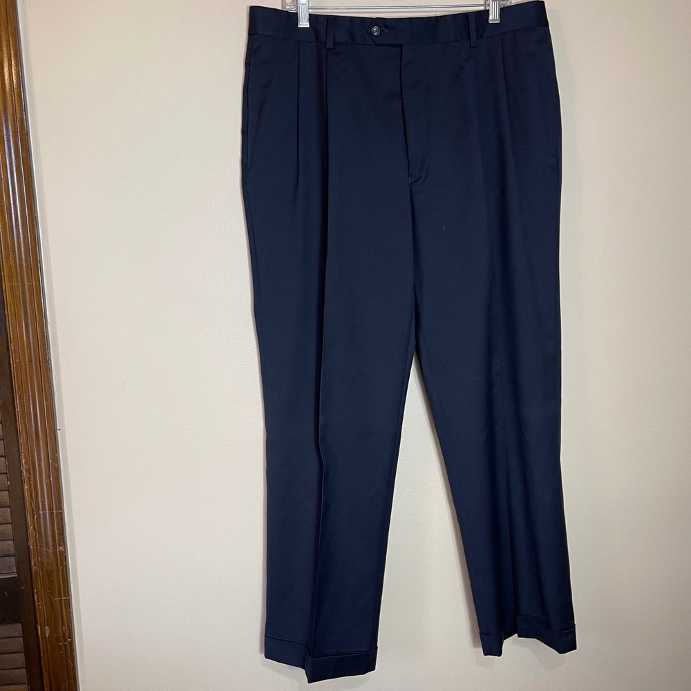 Jos. A. Bank Signature Collection Mens Navy Blue Pleated Cuffed Pants 38x29